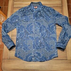 Consequence LS Dk. Blue Button Up Paisley Graphic Shirt - Size Large